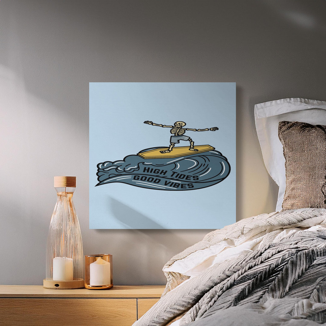 Surfing Skeleton Canvas Wall Art, High Tides Good Vibes, Gallery Wrapped, Ready to Hang, Matte Print, Archival Quality