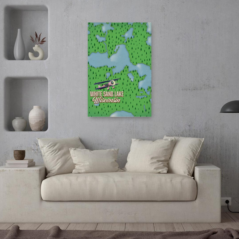 Biplan sur un lac de sable blanc - Affiche murale rétro vintage abstraite représentant une forêt et la nature