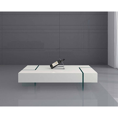 53" White And Clear Wood And Glass Sled Coffee Table