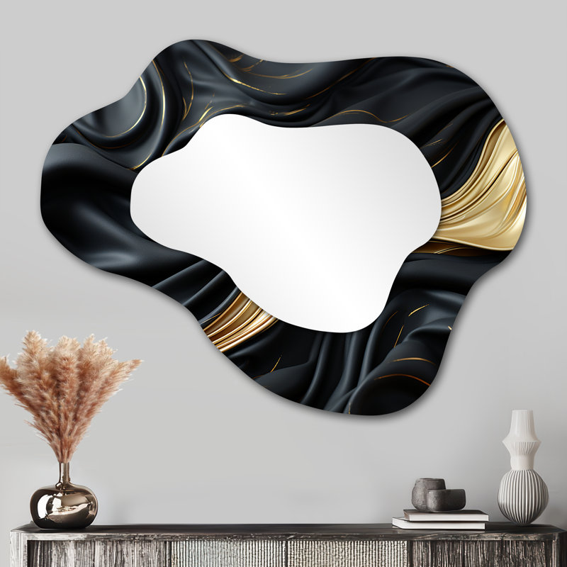 Gold And Black Soft Wave Fusion - Abstract Shapes Asymmetrical Mirror, Black Cloud Decorative Wall Mirror, Printed Metal Art
