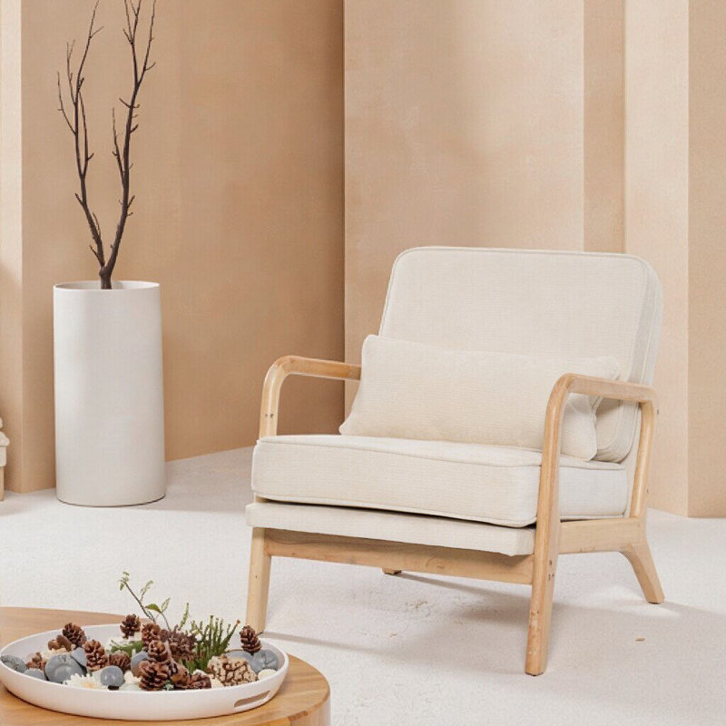 Chaise d'appoint rembourrée avec accoudoirs courbés en bois et support lombaire, Beige