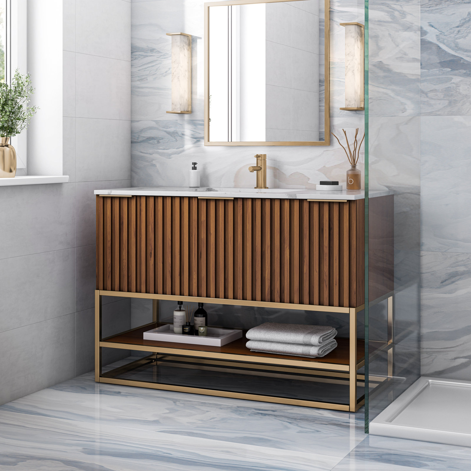 Terra 48'' Single Bathroom Vanity, Carrara Marble/Single Faucet Mount, Walnut, Satin Brass