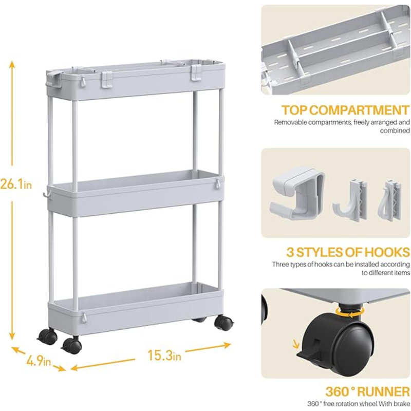 Slim Storage Cart 3 Tier,Bathroom Organizer Rolling Utility,Mobile Shelving Unit Slide Out For Office, Kitchen, Laundry Room & Narrow Places