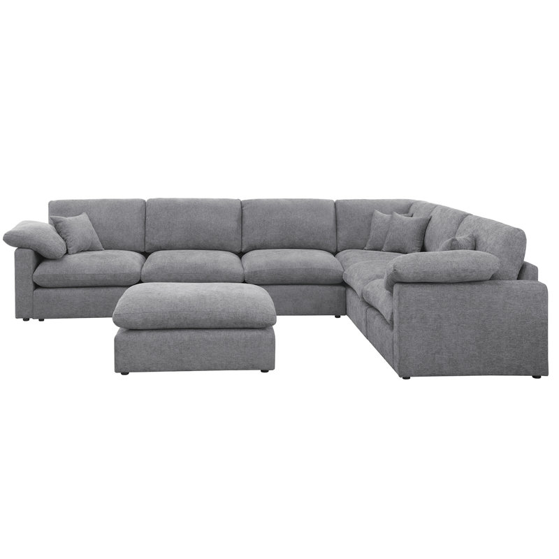 Reversible 7-Piece Corner Sectional Couch, Chenille Cloud Sofa With Removable Ottoman, Light Gray Chenille