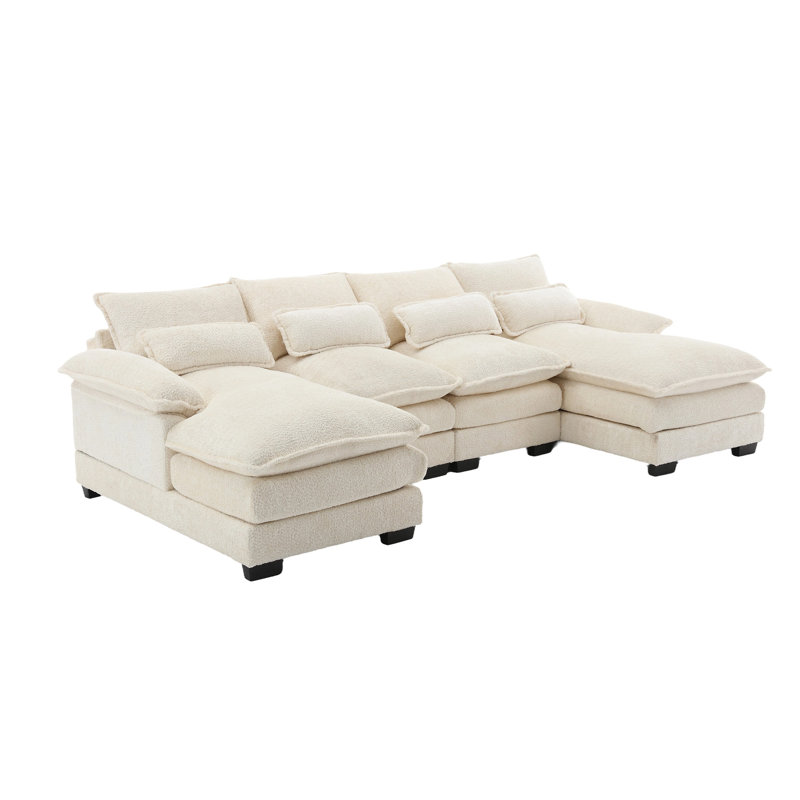 Grand canapé modulaire moderne en U en chenille, Beige Boucle