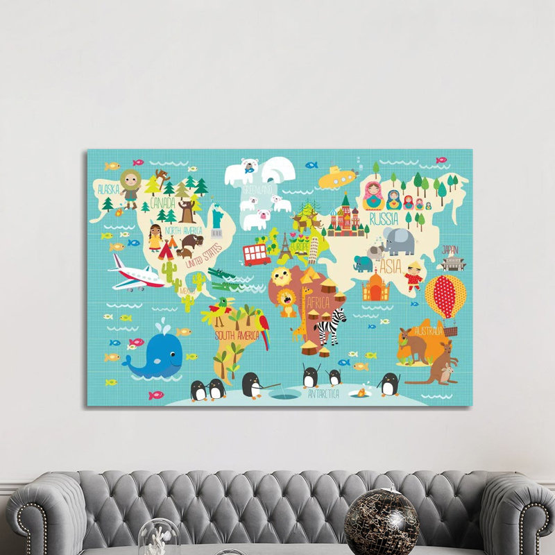 Children's World Map by Martina Hogan - Print on Canvas, 101.6 cm H x 66.04 cm W x 3.175 cm D, Wrapped Canvas