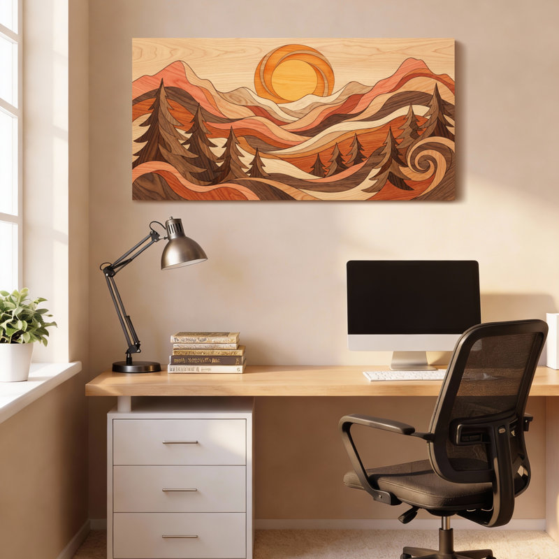 Ensemble de 1 tableau sur toile tendue représentant un coucher de soleil sur un paysage de montagne, 4020