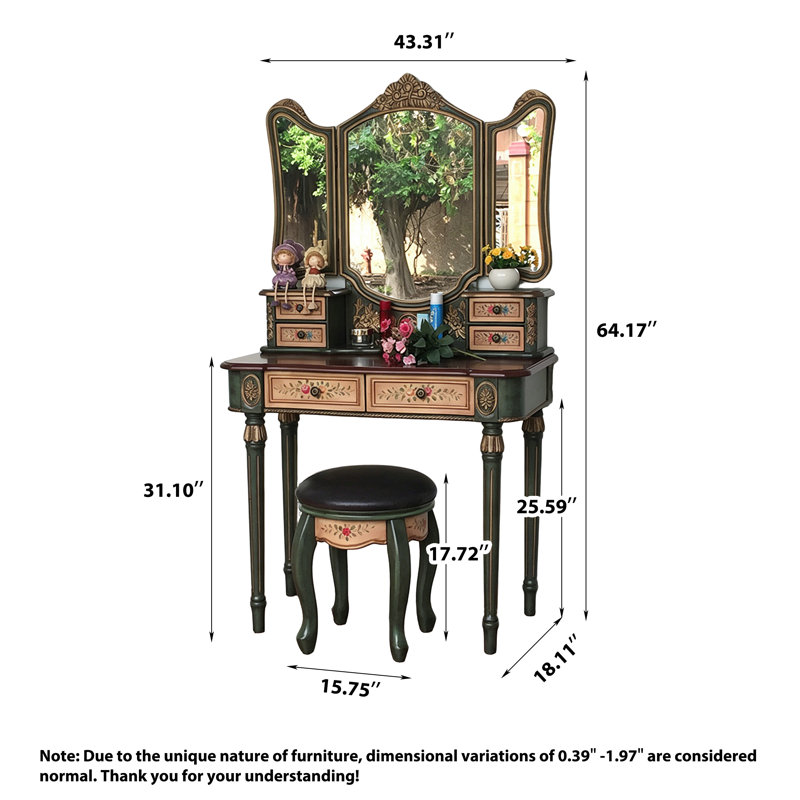 Table de coiffeuse peinte vert forêt