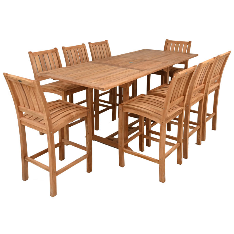 Ensemble de bar 9 pièces en bois de teck comprenant une table de bar rectangulaire et 8 tabourets Abacho