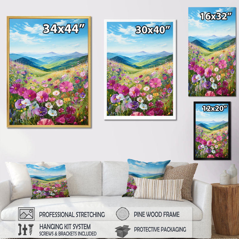 «Pansies Flowers In Mountain Country Side» sur toile, Cadre doré simple, H 32 po x l 24 po x P 1 po