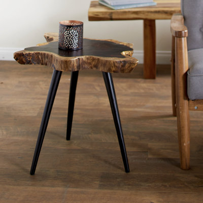 Toohey Wood Handmade Live Edge Top Side End Brown Accent Table with Black Metal Tripod Legs