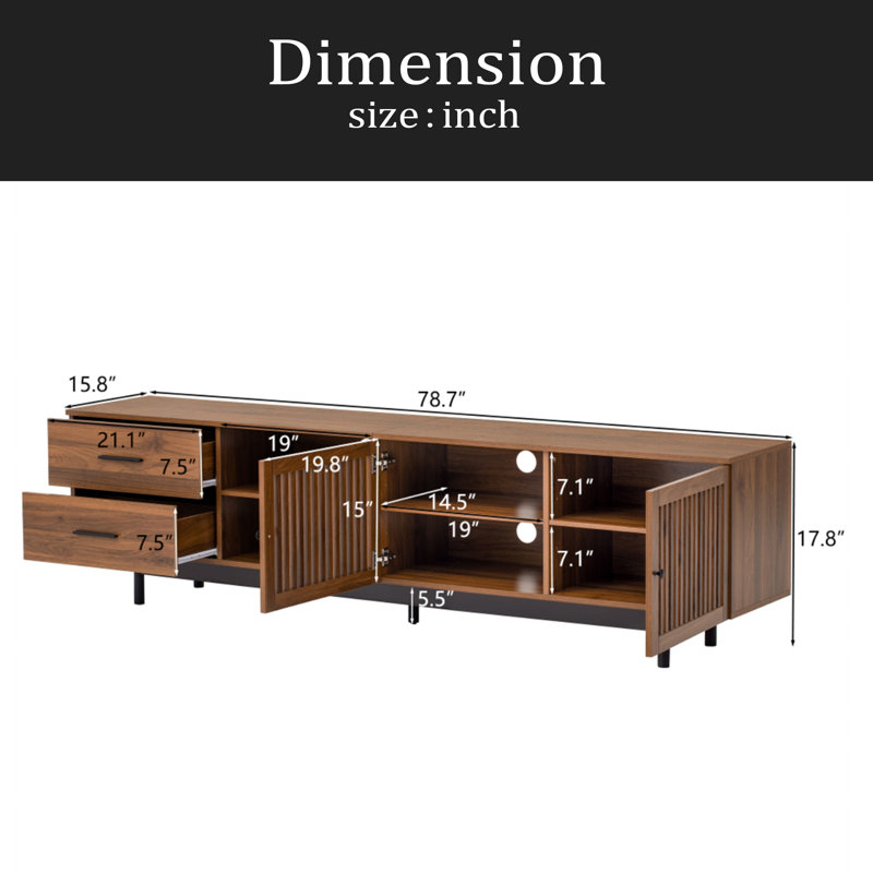 Meuble télé moderne de 78 po pour téléviseur de 85 po ou moins, centre de divertissement avec tiroirs profonds et gestion des câbles, charnières à fermeture en douceur, pieds en bois massif pour le salon