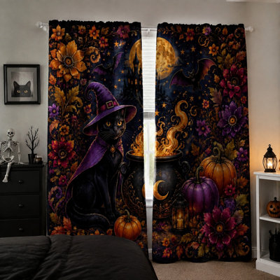 2Pcs Halloween Witch Cat Curtains, Spooky Floral Pattern Rod Pocket Window Drapes for Living Room Bedroom Kitchen decor