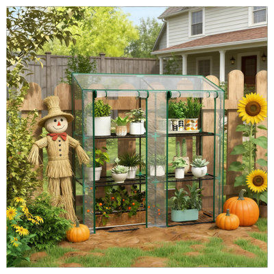 Clear Lean-To Portable Greenhouse with Reinforced Plastic Cover, Steel Frame, 6 Wire Shelves & 2 Roll-Up Doors