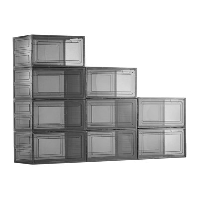 Boîtes de rangement pour chaussures, 9 boîtes de rangement pour chaussures empilables transparentes avec porte magnétique, s'adaptent à la taille US 13, récipients en plastique pour chaussures à talons hauts, bottes et chapeaux, noir transparent