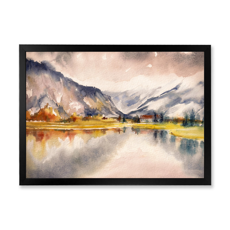 Paysage d'automne avec le ciel reflété sur le lac - Peinture sur toile, H 34 po x l 44 po, Cadre noir