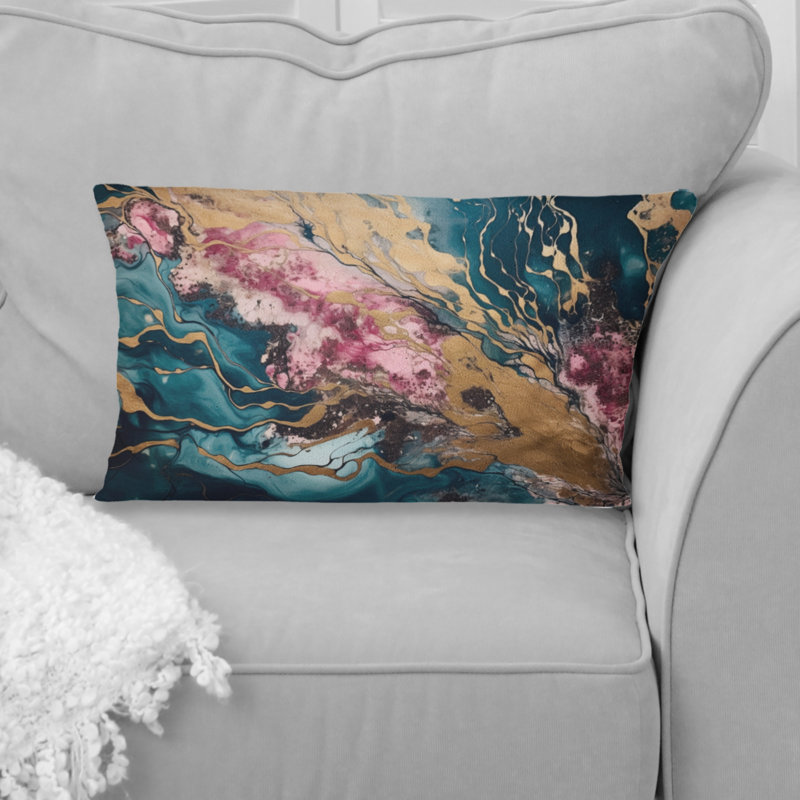 Exploration des profondeurs de la géode d'or rose II - Coussin décoratif imprimé en marbre abstrait