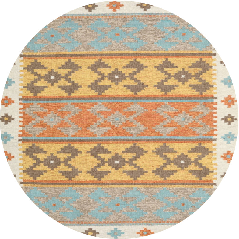 Tapis contemporain bleu ciel / jaune, Rond 3 pi