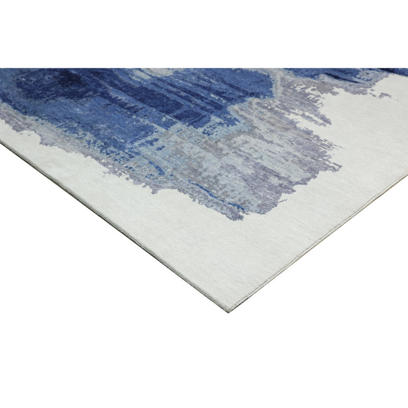 Hand Knotted Abstract Area Rug in Ivory/Blue/Light Grey, Rectangle 8' x 10'
