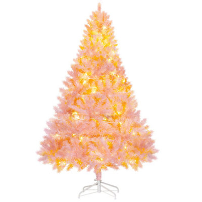 6' Tall Prelit Christmas Tree Douglas Fir Artificial Christmas Tree with Realistic Branches, 250 Warm White LED Lights and 1000 Tips, Pink
