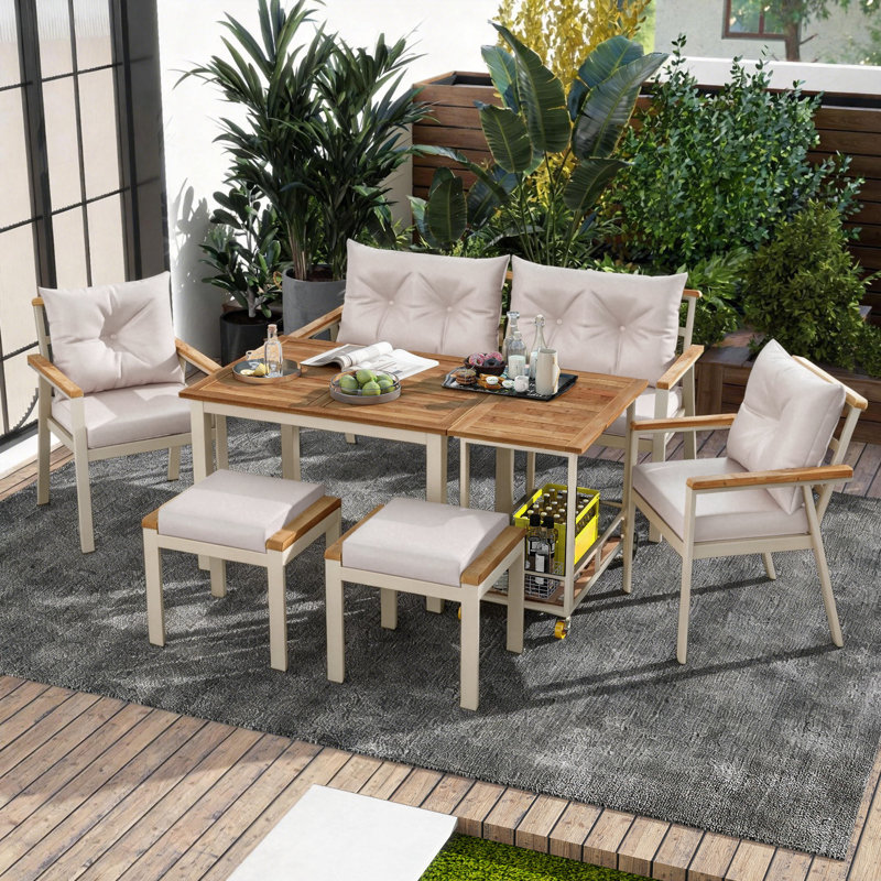 6 - Person Patio Dining Set with Rectangular Table, Beige, Beige