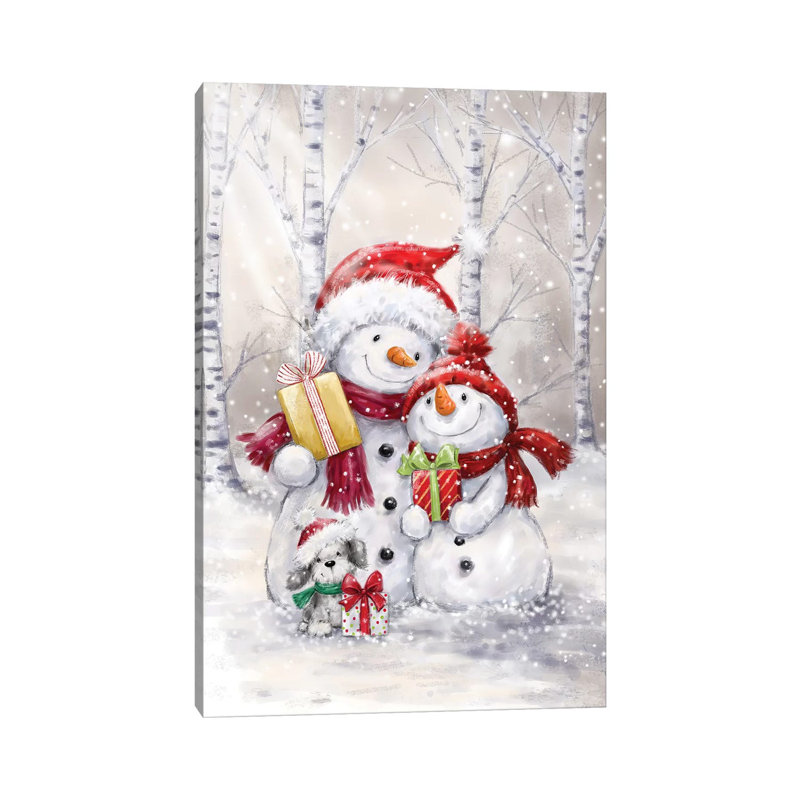 Two Snowmen And Dog by MAKIKO - Wrapped Canvas Print, 66.04 cm H x 45.72 cm W x 1.91 cm D