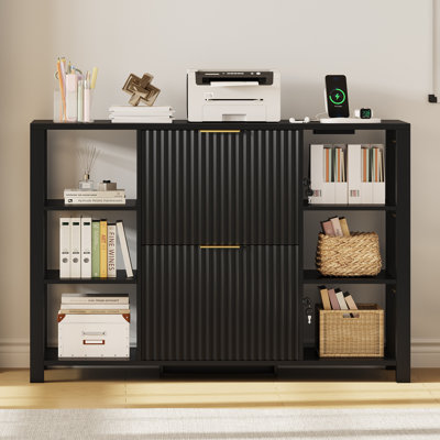 Classeur de luxe à 2 tiroirs avec serrure, tiroirs en bois cannelé et tablettes ouvertes - Rangement de bureau moderne