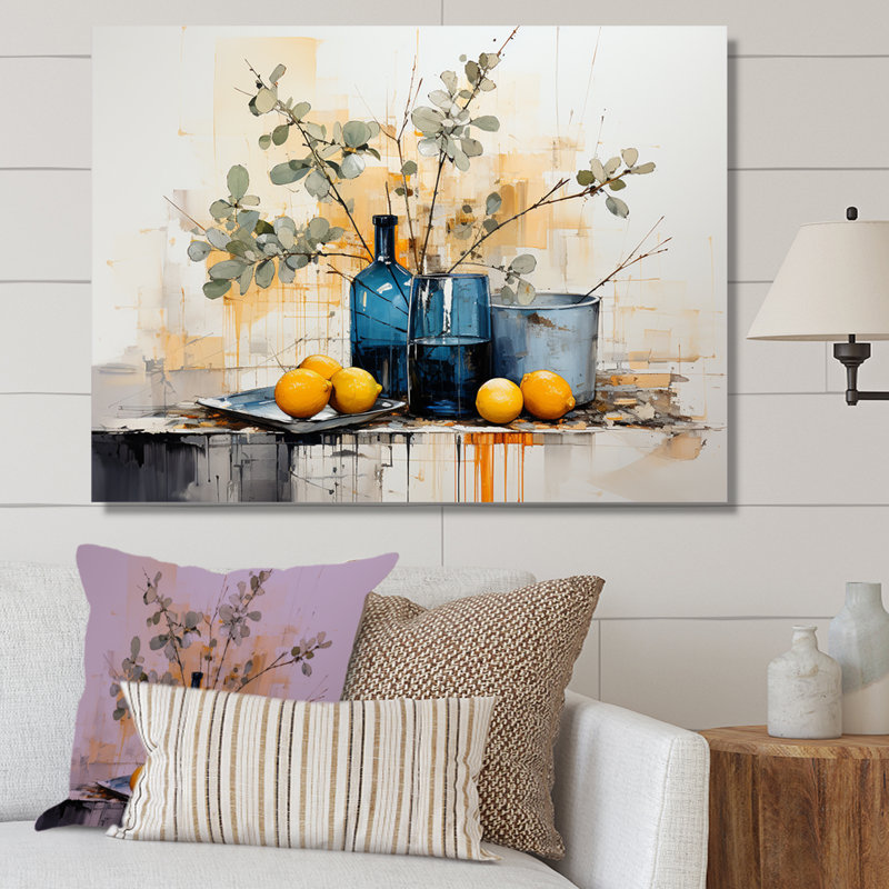Bleu et jaune agrume Boho Pottery I - Boho Pottery, art mural, H 24 po x l 32 po x P 1 po, Toile tendue