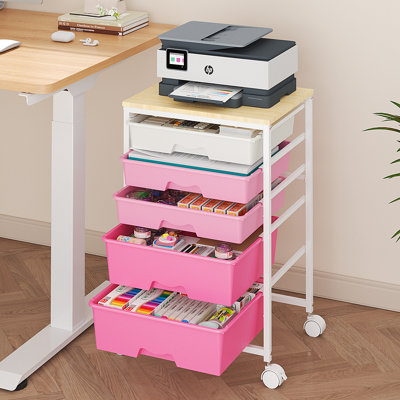 5-Drawer Rolling Storage Cart with Wood Tabletop, Mobile Organizer with Locking Wheels,Pink
