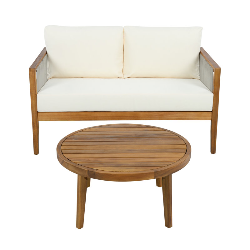 Ensemble de causeuse et table basse d'extérieur 2 pièces avec structure en bois d'acacia, coussins beiges et détails en corde