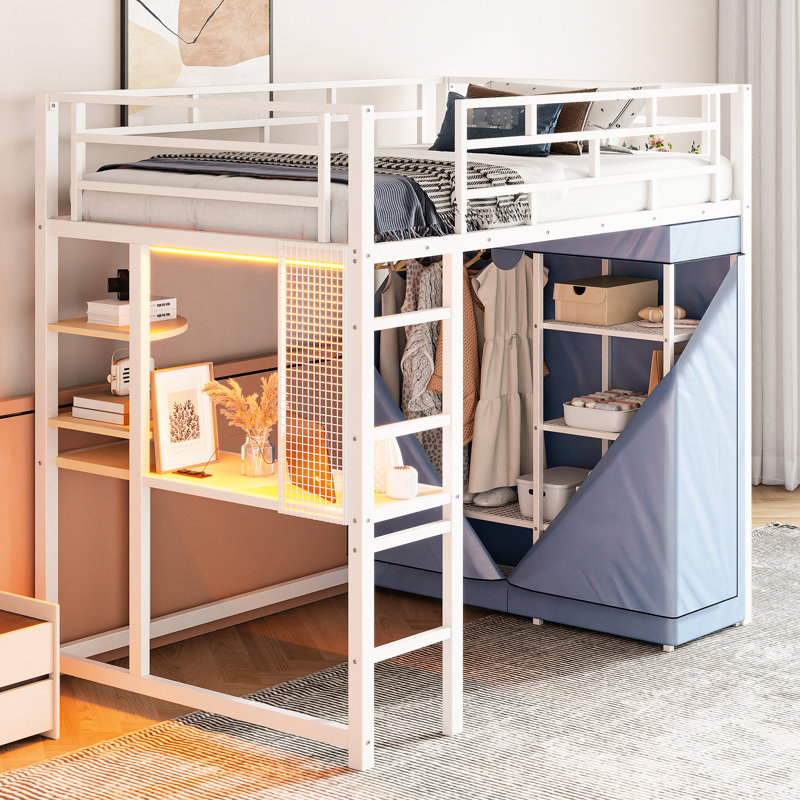 Lit mezzanine blanc avec bureau pivotant, prise électrique, conduit, tablettes et garde-robe blanc, Lit simple, Blanc