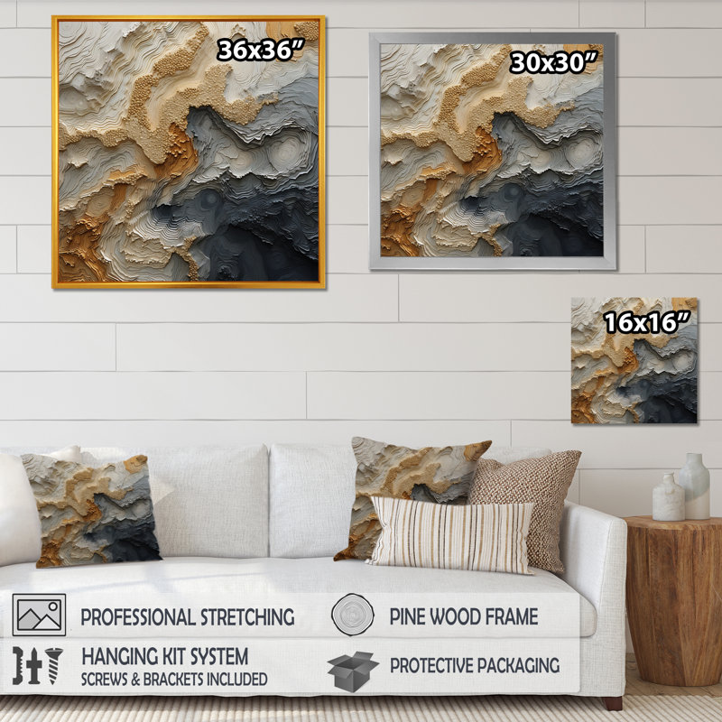 Or et spirale de rivière beige - impression, H 24 po x l 24 po x P 1 po, Cadre flottant doré