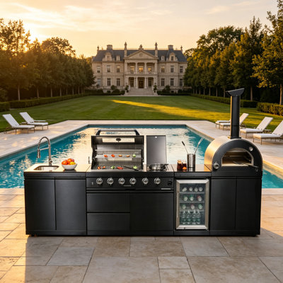 Îlot de barbecue au propane de 125 po à 4 brûleurs avec brûleur latéral, rôtissoire, four à pizza et réfrigérateur et évier pour l'extérieur