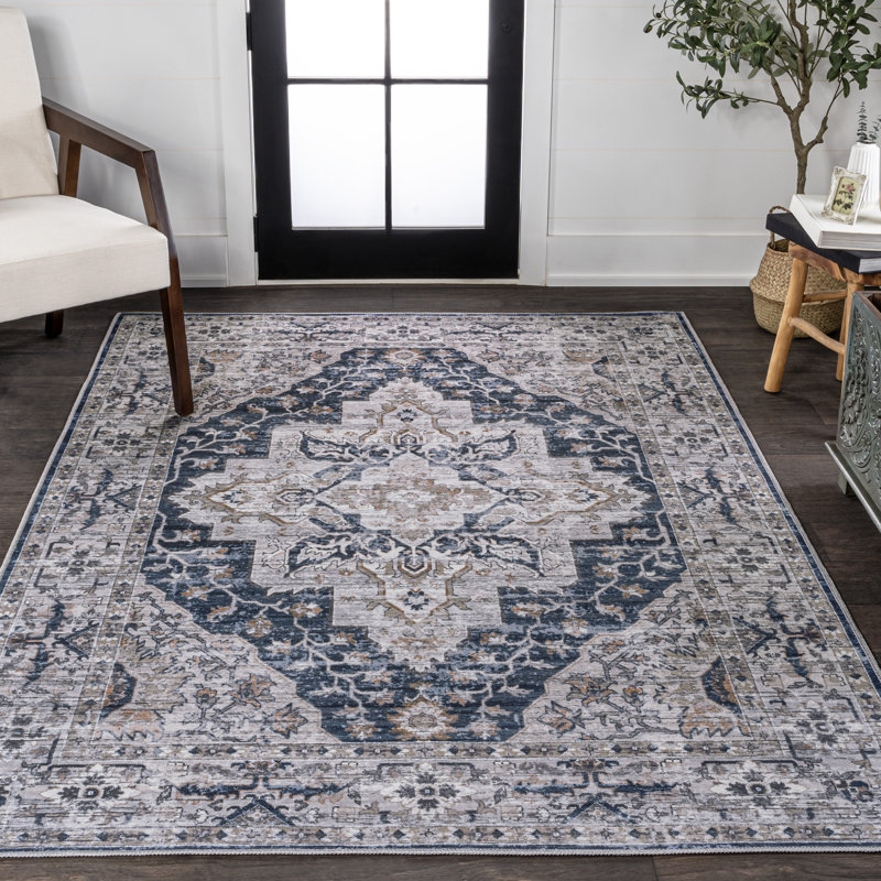 Tapis bleu marine / gris Sarok Boho Medallion, Rectangle 3 pi 11 po x 6 pi