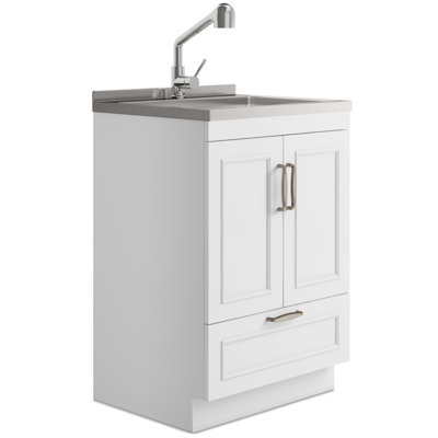 Cardinal 24"W Utility Sink & Laundry Cabinet with High Arch Pull-Out Faucet and Stainless Steel Sink, White
