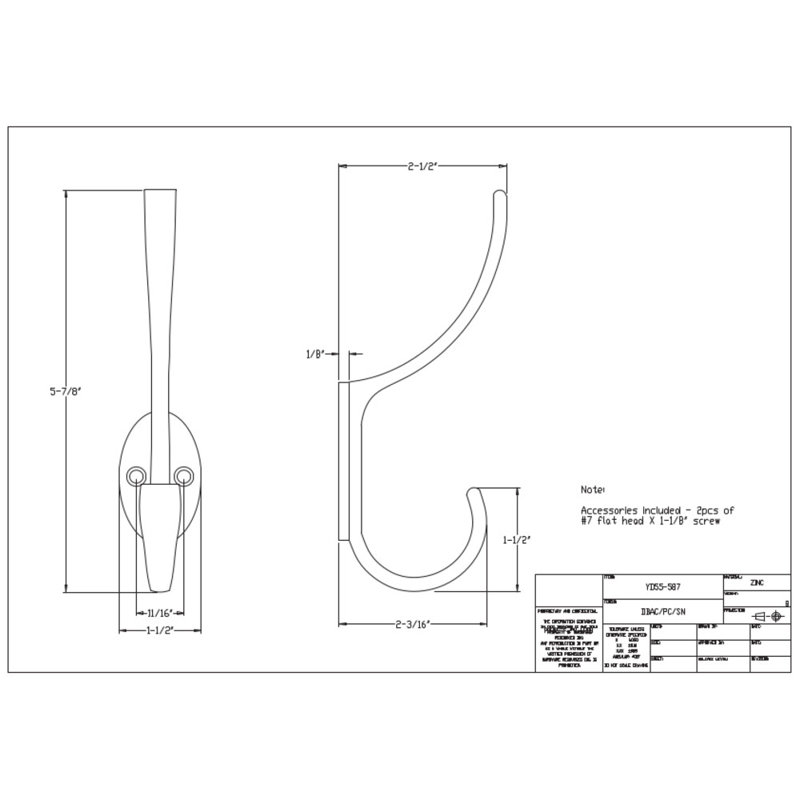Elements Wall Double Hook, Satin Nickel