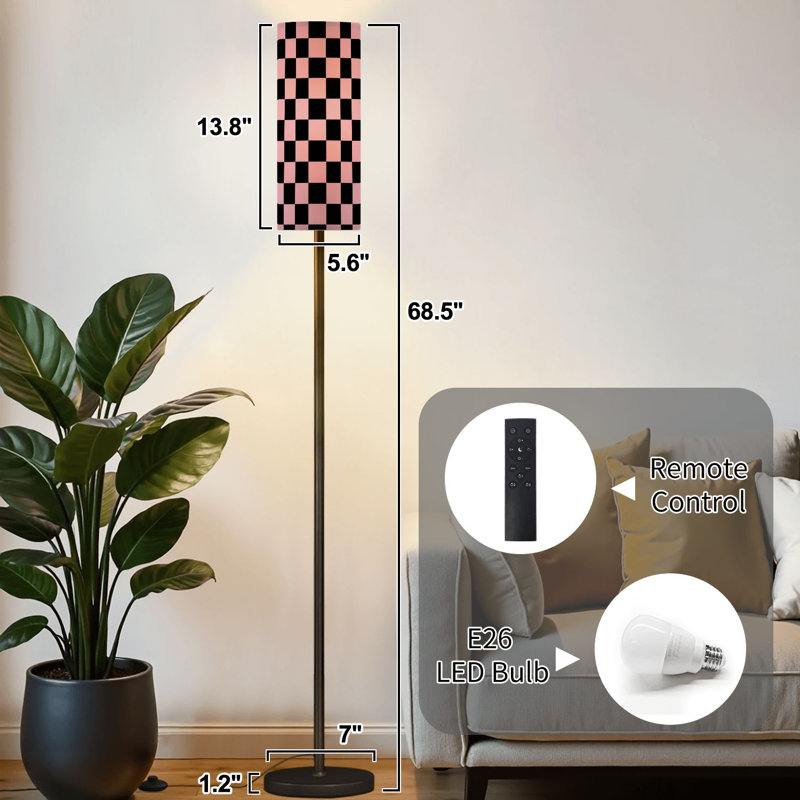Lampe sur pied à damier noir et noir à motif géométrique de style rétro à intensité variable avec télécommande et pédale avec abat-jour et abat-jour