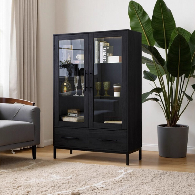 60" Tall Display Cabinet with 2 Storage Drawers, Glass Door & LED Lighting, 4 - Tier Adjustable Glass Shelves for Living Room, Office - Black