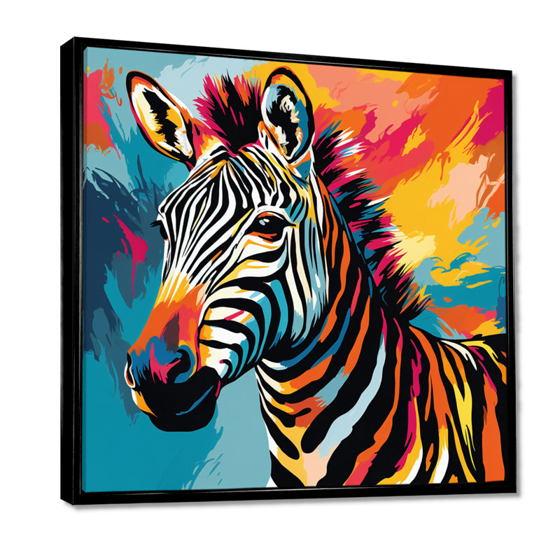 Coloré Popart fantaisie zébrée I - art mural zèbre, Cadre flottant noir, H 16 po x l 16 po x P 1 po