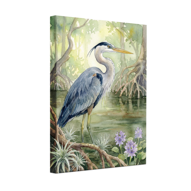 Animaux héron bleu debout dans un marais avec des fleurs, H 18 po x l 12 po