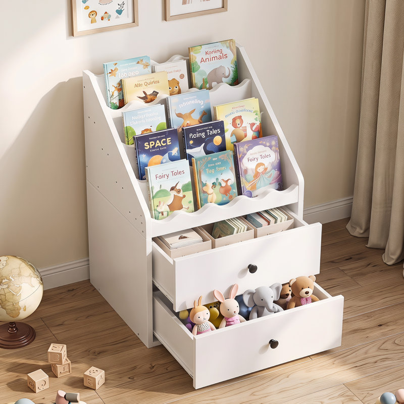 Bibliothèque pour enfants à 4 niveaux avec tiroirs, tablette de présentation de livres pour chambre d'enfant, salle de jeux, chambre de bébé
