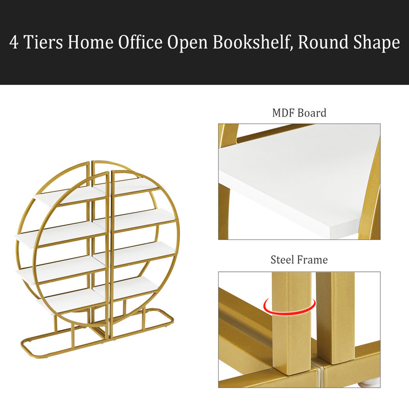 Bibliothèque ouverte 4 étages pour bureau à domicile, forme ronde, différentes façons de placement, panneau de fibres à densité moyenne, structure en métal