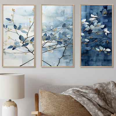 Blue And Grey Leave On Branch I - Leaves Canvas Wall Art Set