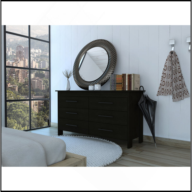 Commode double, quatre pieds, 6 tiroirs, plateau supérieur, noir, Noir