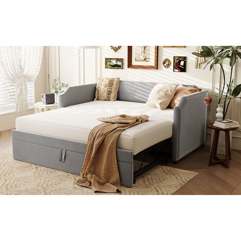 Lit de jour simple avec revêtement gris et lit gigogne, 2 en 1 pour les soirées pyjama, Grey