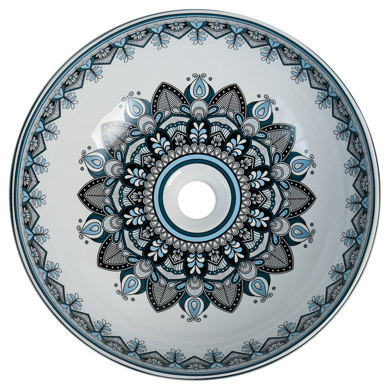 16" Round Artistic Ceramic Vessel Sink – Glossy Above-Counter Basin with Hand-Inspired Printed Pattern, Satin Blue