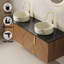 Meuble-lavabo mural en contreplaqué avec comptoir en pierre frittée noire et lavabo et portes ronds en céramique, couleur grain de bois chêne brun