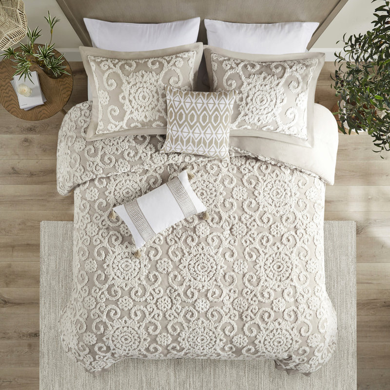 Housse de couette 100% coton taupe avec broderie en chenille élégante, Taupe