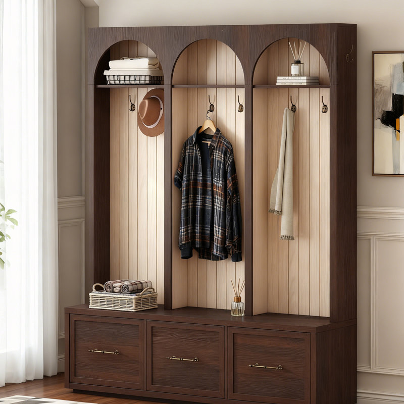 Arched Hall Tree With Hooks And Coat Rack & 3 Drawers, Dark Walnut