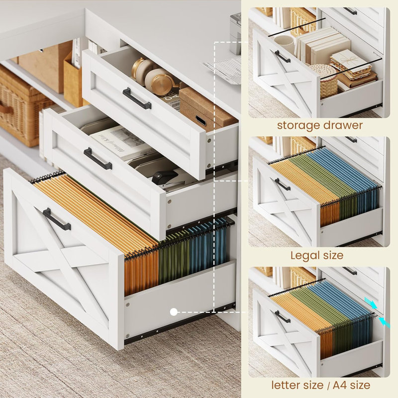 Farmhouse L Shaped Office Desk With Drawers, White